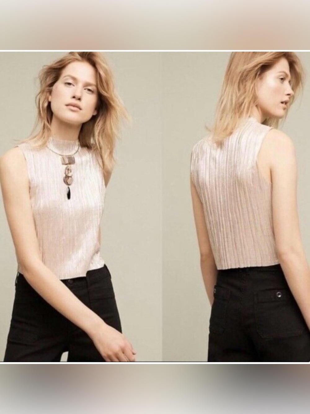 Anthropology Eri + Ali Metallic Accordion Pleated Tank Top Beige Champagne Small